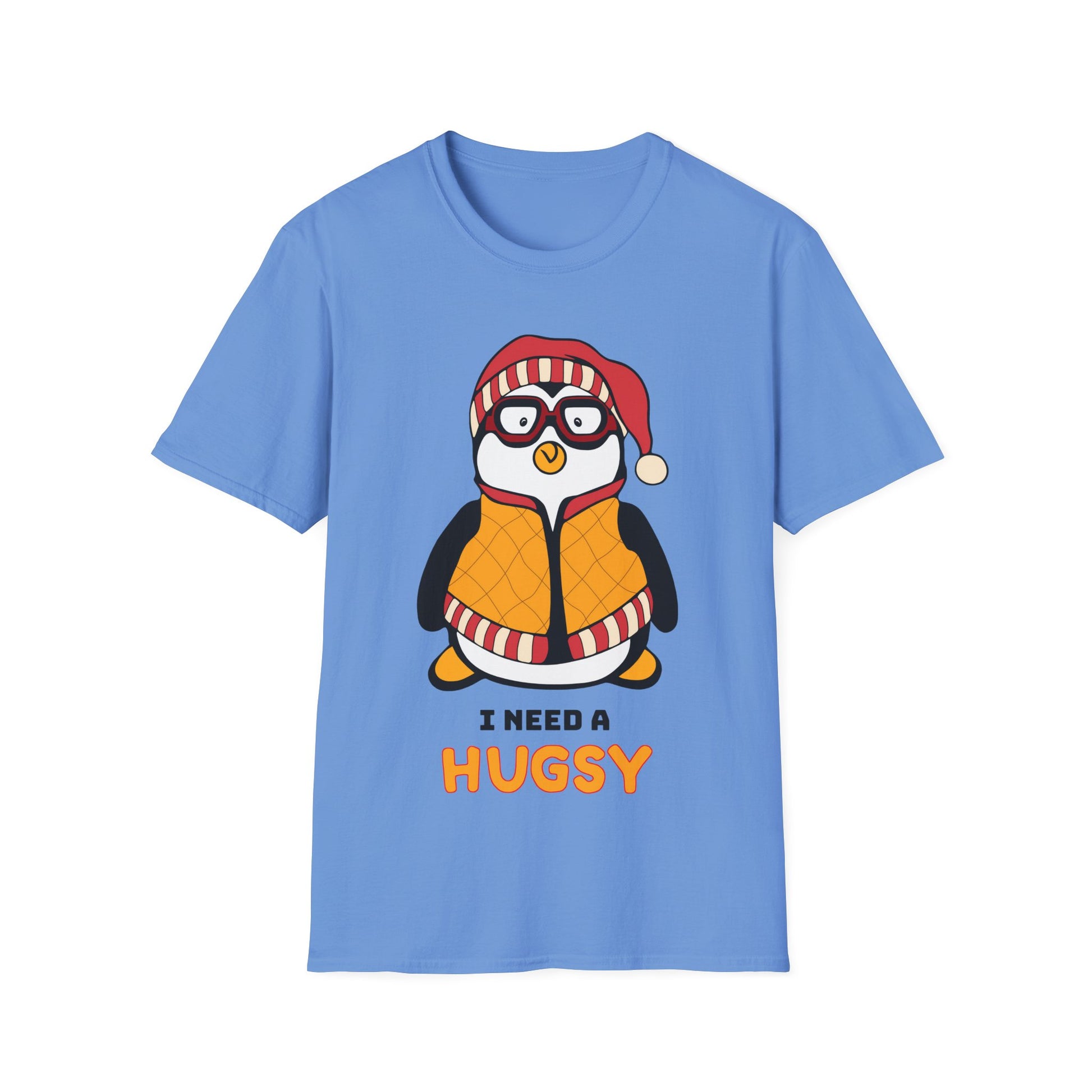 Blue t-shirt with a penguin graphic and I Need A Hugsy text