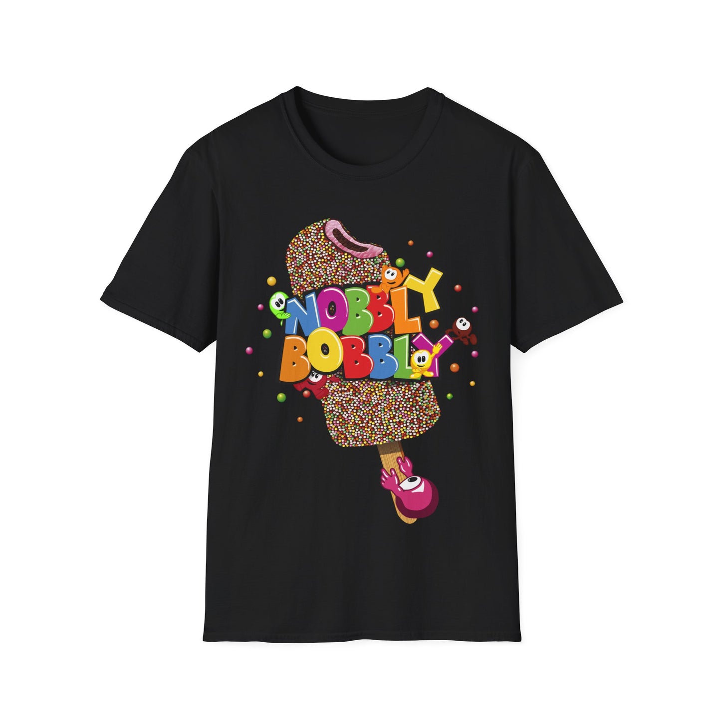 Black t-shirt with colorful 'Nobbly Bobbly' design on a white background