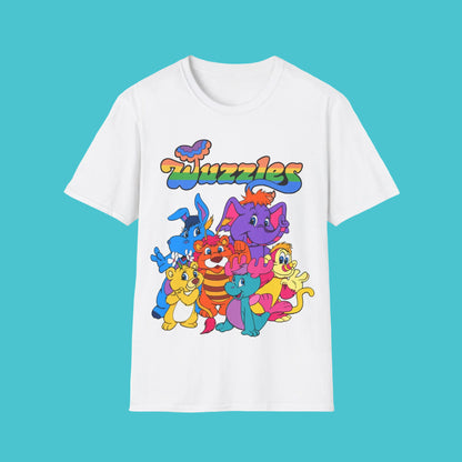 White t-shirt with colourful cartoon characters and 'Wuzzles' text 