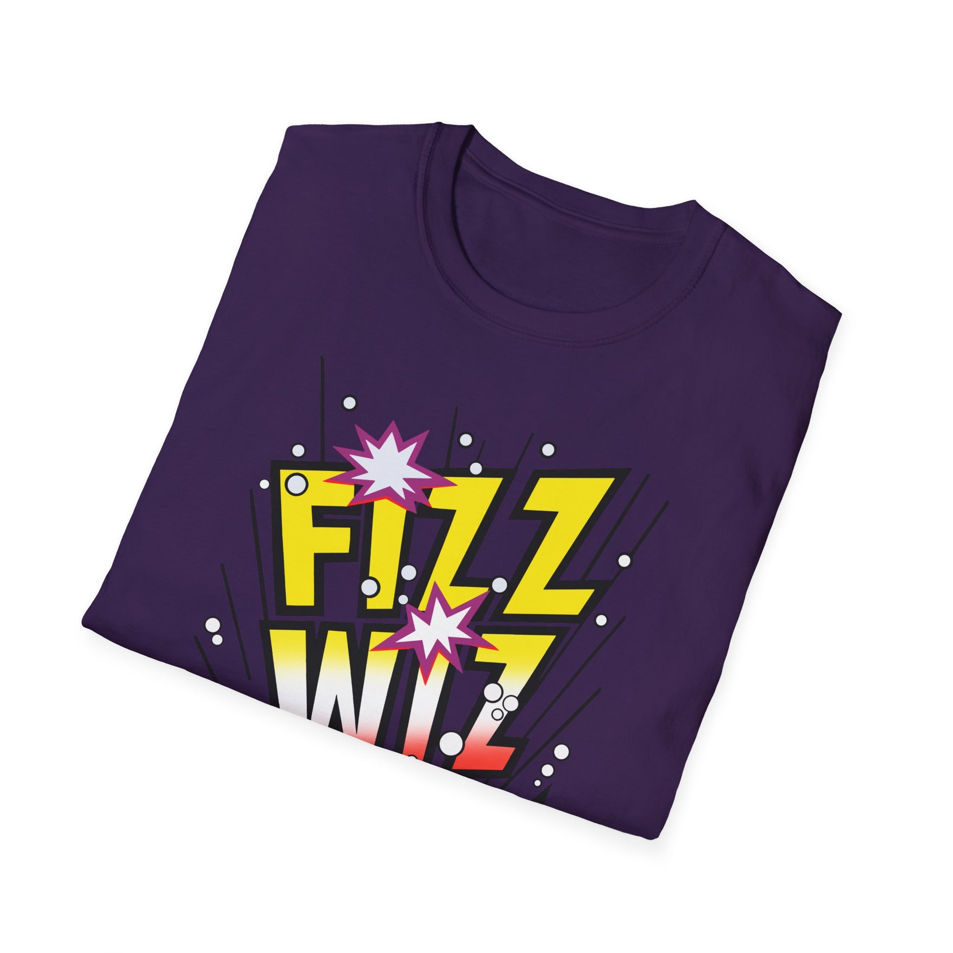 Folded purple t-shirt with 'Fizz Wiz' text design on a white background