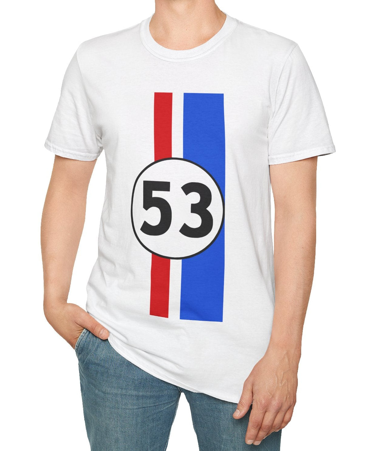 Person wearing a white t-shirt with a number 53 design on a white background