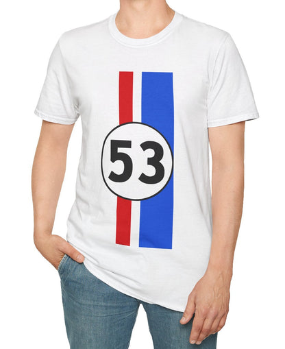 Person wearing a white t-shirt with a number 53 design on a white background