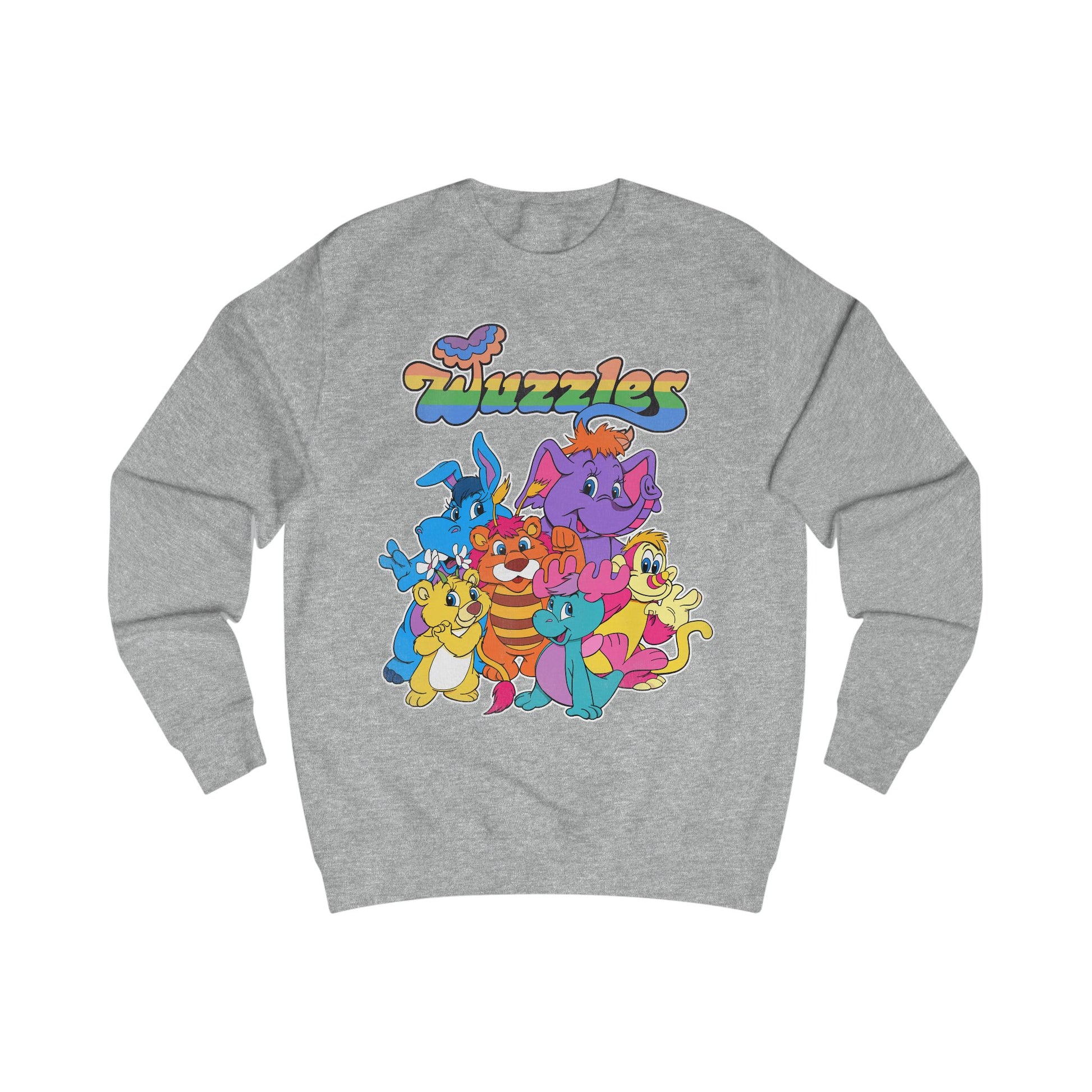 Gray sweatshirt with colorful cartoon characters and 'Wuzzles' text on a white background