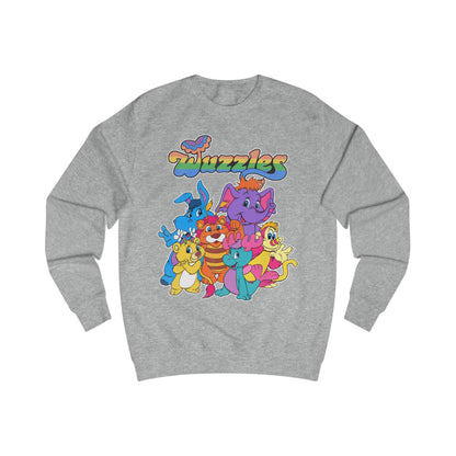 Gray sweatshirt with colorful cartoon characters and 'Wuzzles' text on a white background