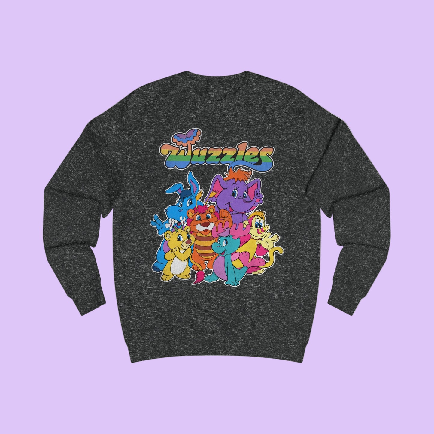 Dark gray sweatshirt with colorful cartoon characters and 'Wuzzles' text on a white background