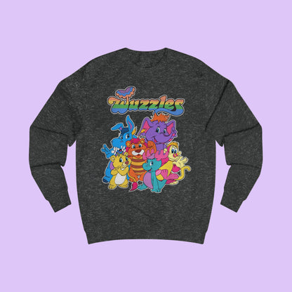 Dark gray sweatshirt with colorful cartoon characters and 'Wuzzles' text on a white background
