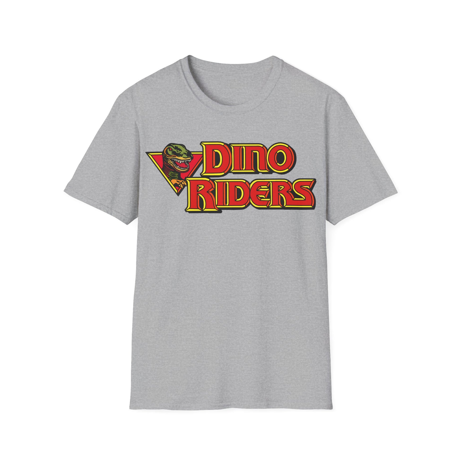 Gray t-shirt with 'Dino Riders' logo on a white background