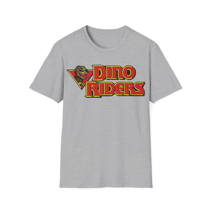 Gray t-shirt with 'Dino Riders' logo on a white background