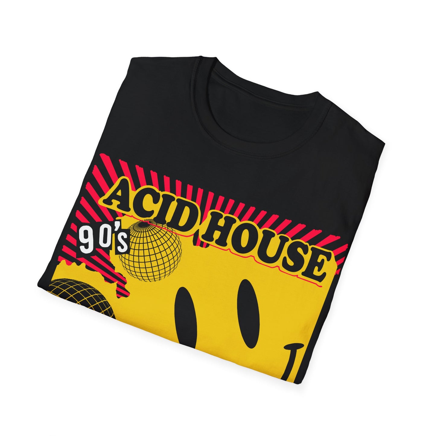 Black t-shirt with 'Acid House 90's' design featuring a disco ball on a white background