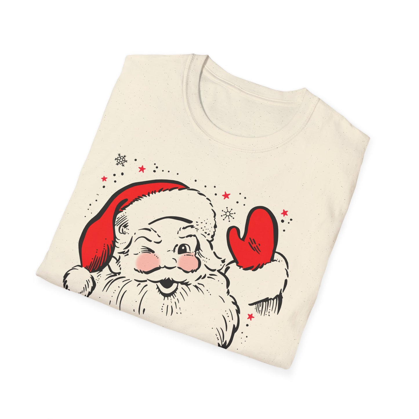 Folded t-shirt with a vintage Santa Claus design on a white background