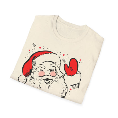 Folded t-shirt with a vintage Santa Claus design on a white background