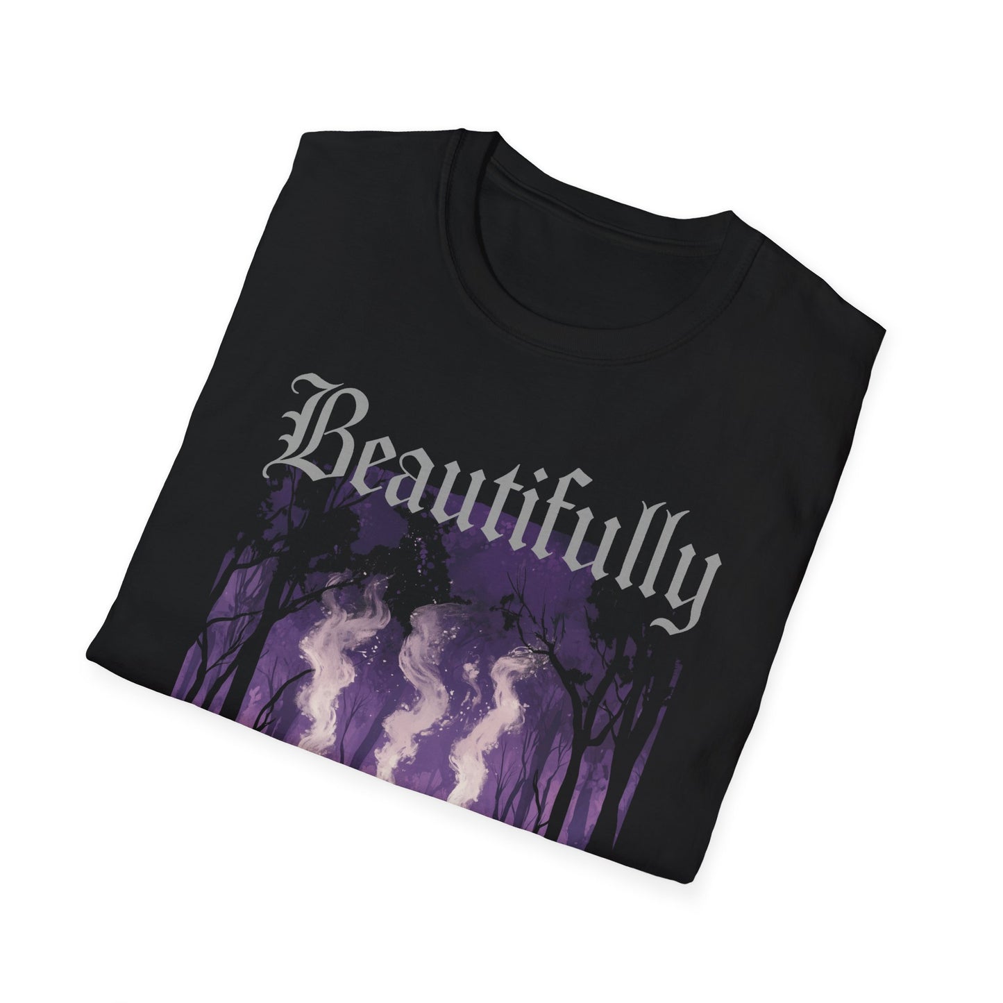 Black t-shirt with 'Beautifully Wicked' Agatha All Along inspired graphic design on a white background