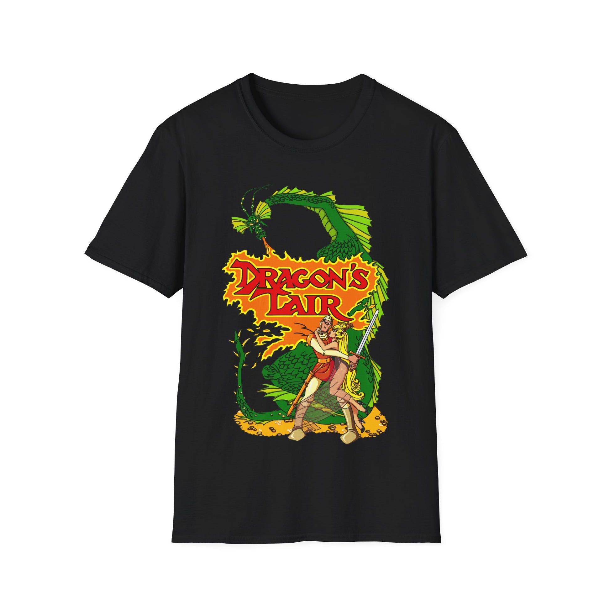 Black t-shirt with 'Dragon's Lair' retro gaming graphic design featuring a dragon and a character.