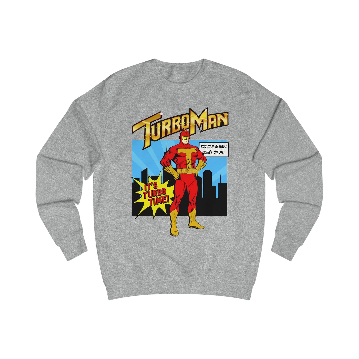 Grey sweatshirt with TurboMan graphic design Christmas Jingle All The Way movie inspired Sweater