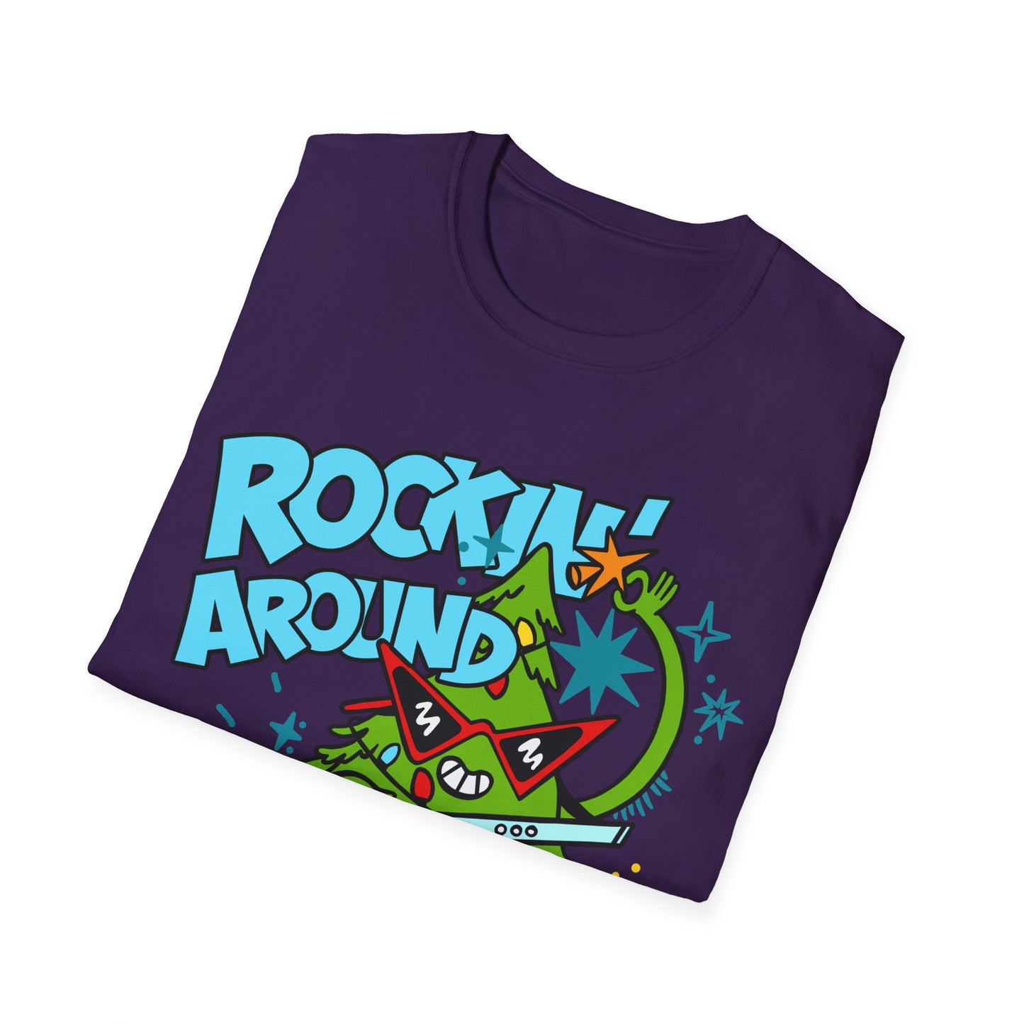 Folded purple t-shirt with colorful graphic design and text on a white background