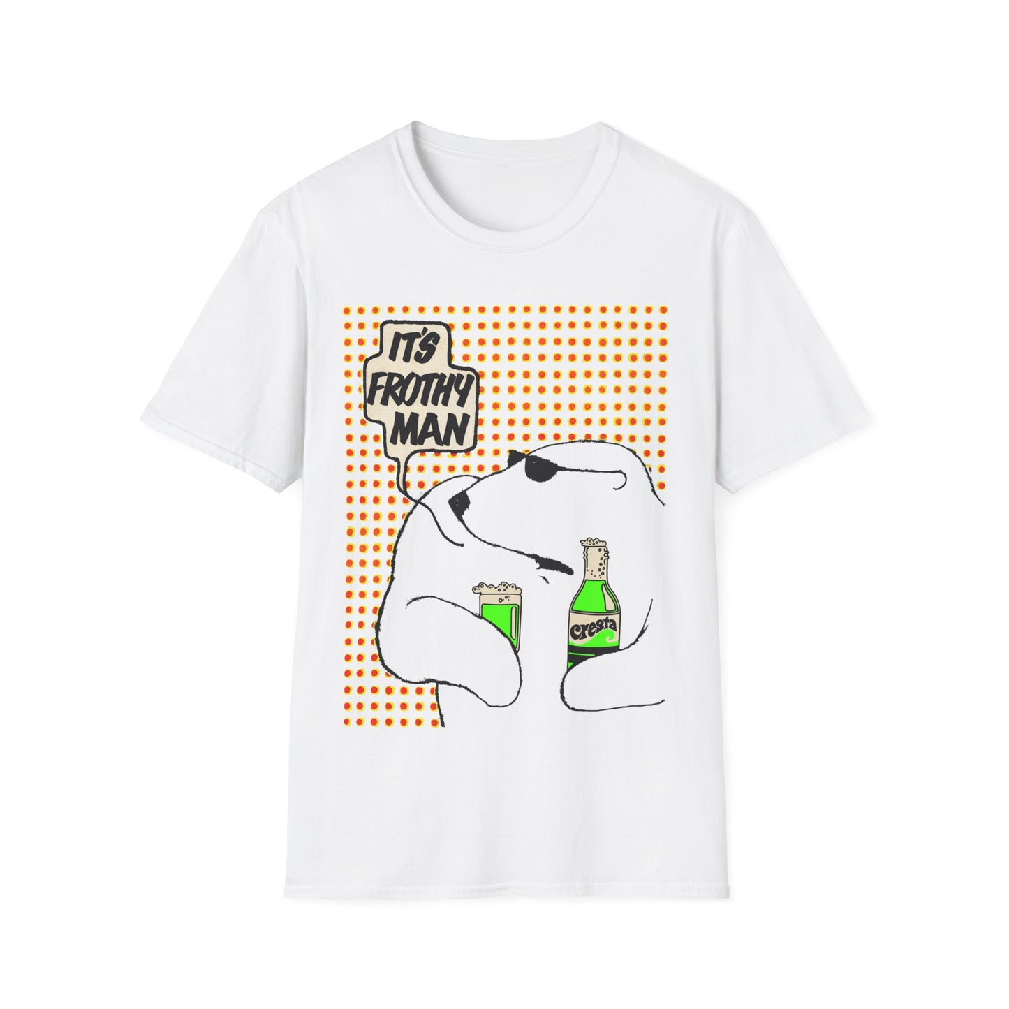 White t-shirt with a graphic of a polar bear holding bottles and text 'It's Frothy Man' on a white background