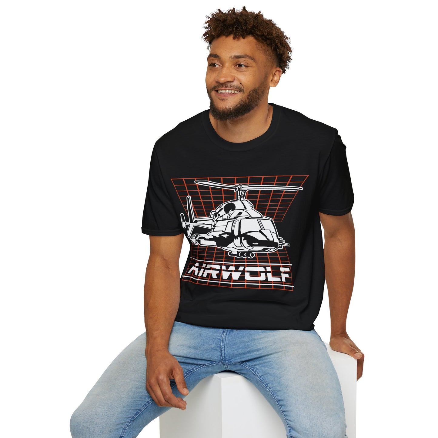 Man wearing a black t-shirt with 'Airwolf' graphic design on a white background