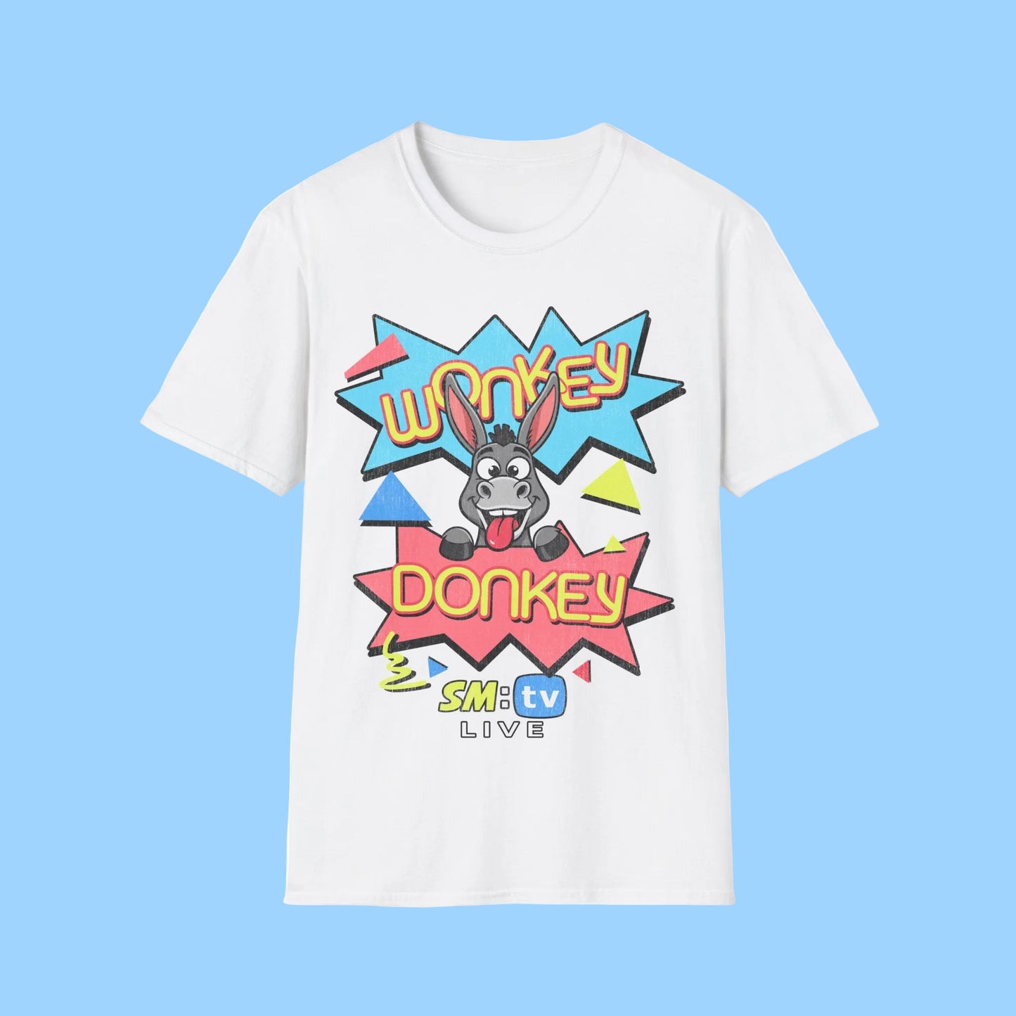 White short Sleeve  t-shirt with colourful 'Wonkey Donkey' SM TV Live graphic design