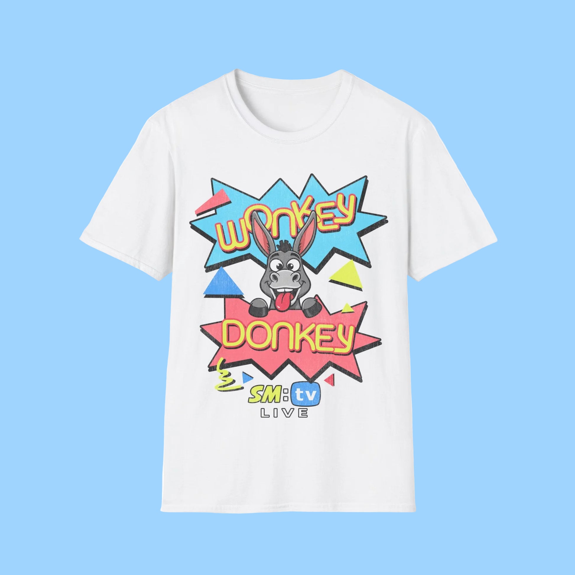 White short Sleeve  t-shirt with colourful 'Wonkey Donkey' SM TV Live graphic design