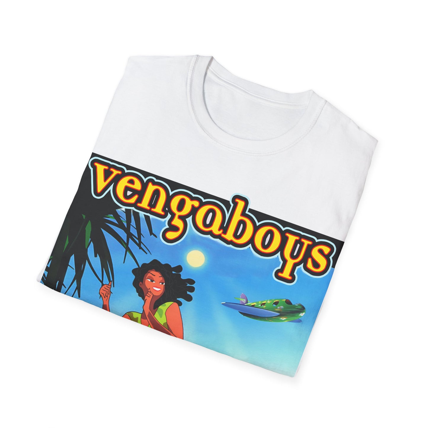 White t-shirt with Vengaboys graphic design on a white background