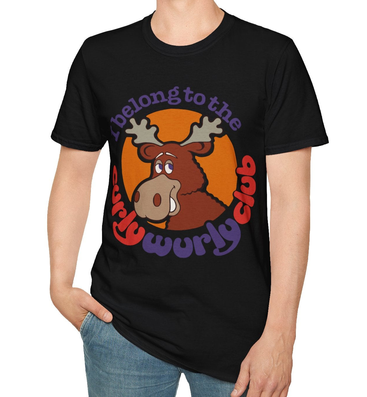 Person wearing a black t-shirt with a graphic design of a moose and Curly Wurly Club text on a white background