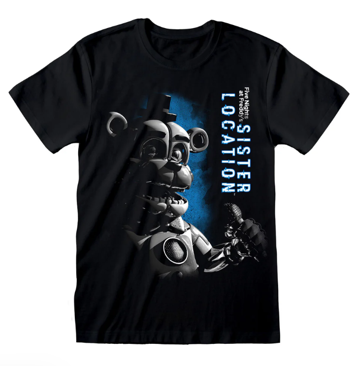 Black t-shirt with a graphic Five Nights At Freddys design of a character holding a microphone and Sister Location text on a white background