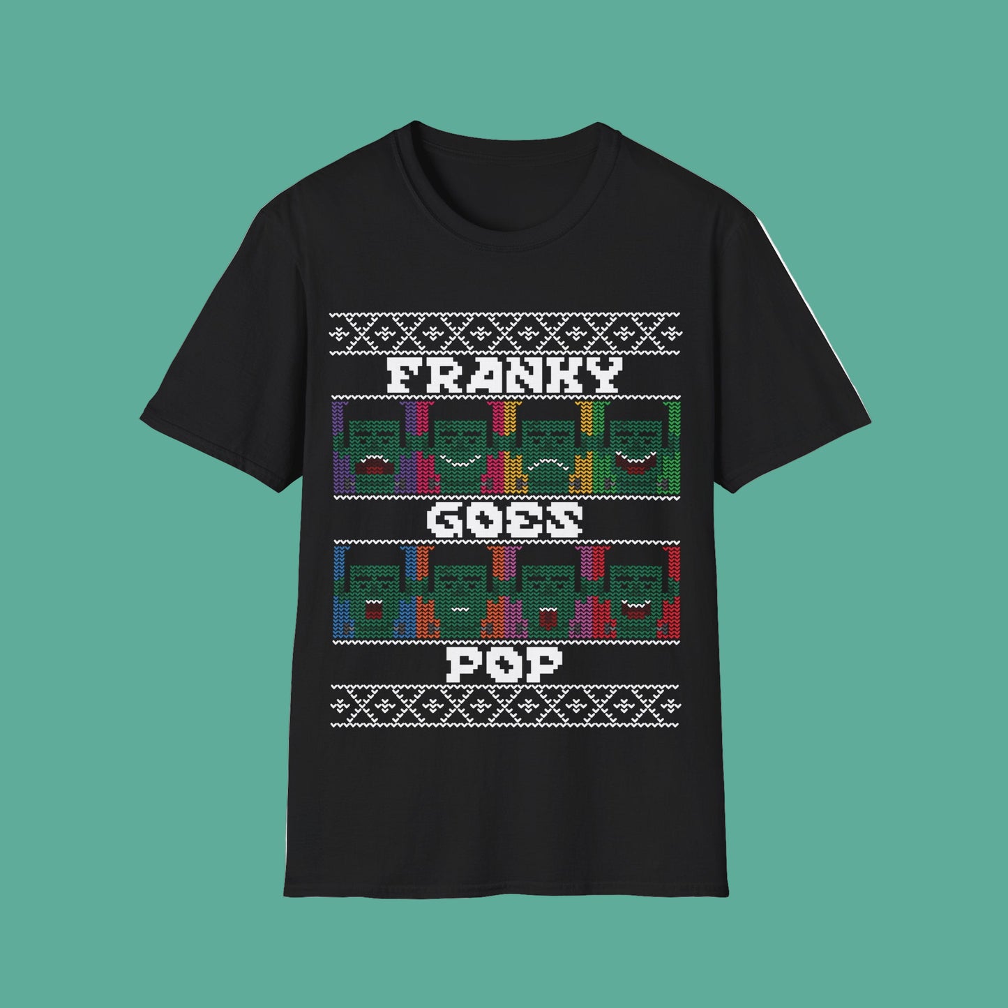 Black t-shirt with colourful graphics and Franky Goes Pop text on a white background