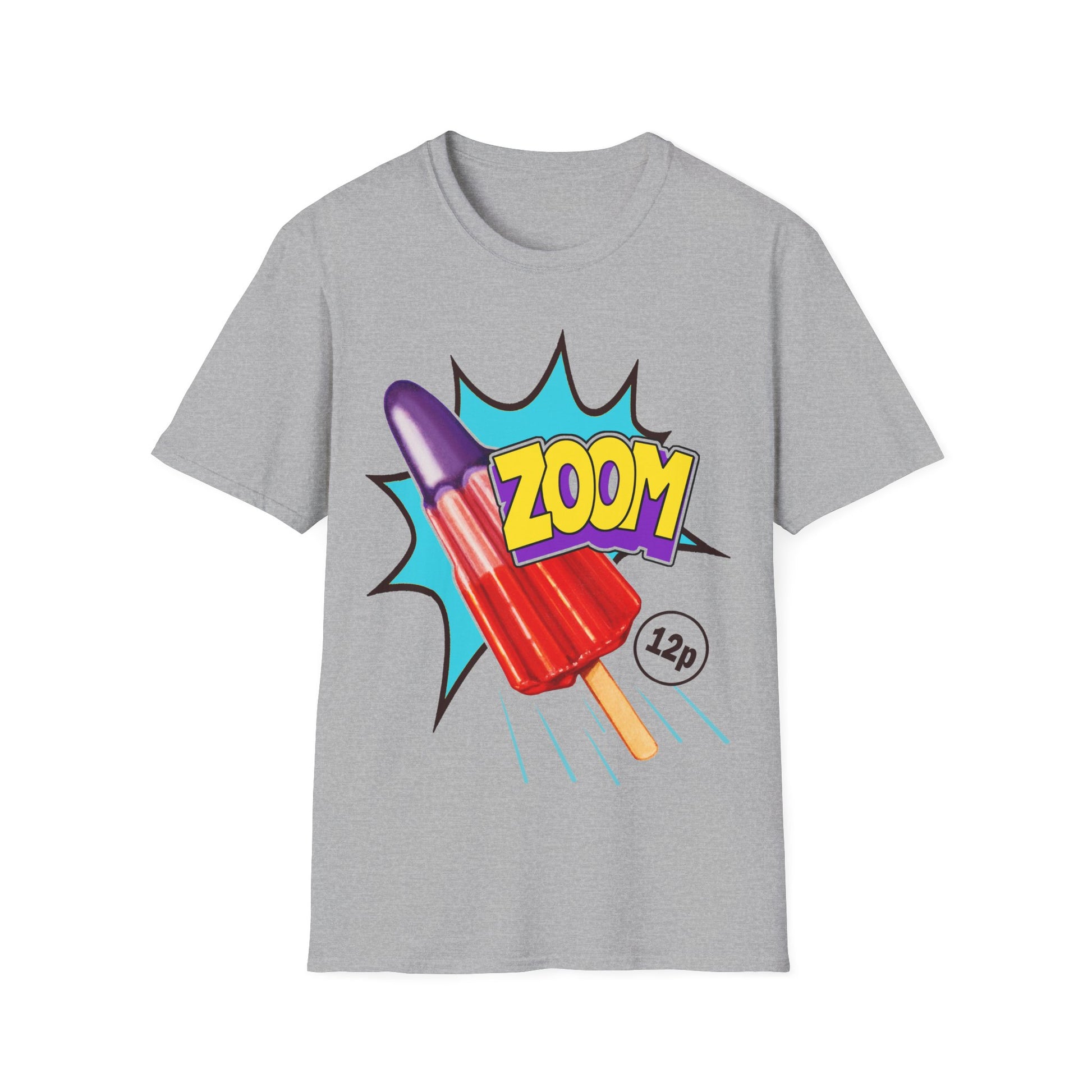 Grey t-shirt with a colourful popsicle graphic and 'ZOOM' text on a white background