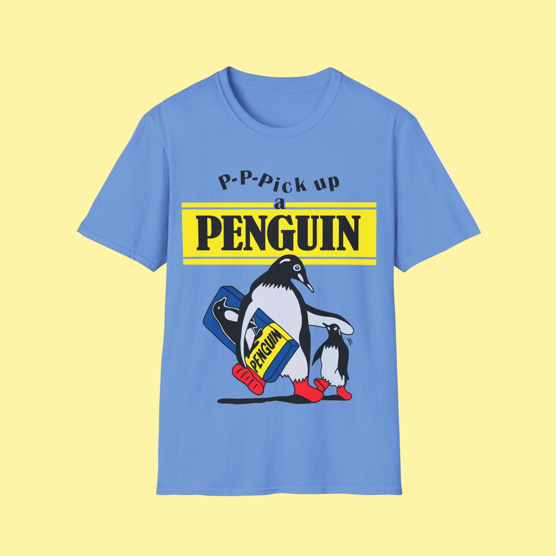 Blue t-shirt with penguin graphic and text on a white background