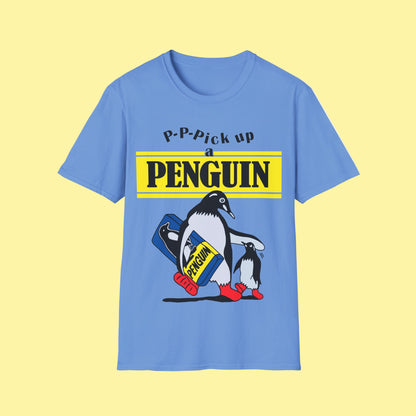 Blue t-shirt with penguin graphic and text on a white background