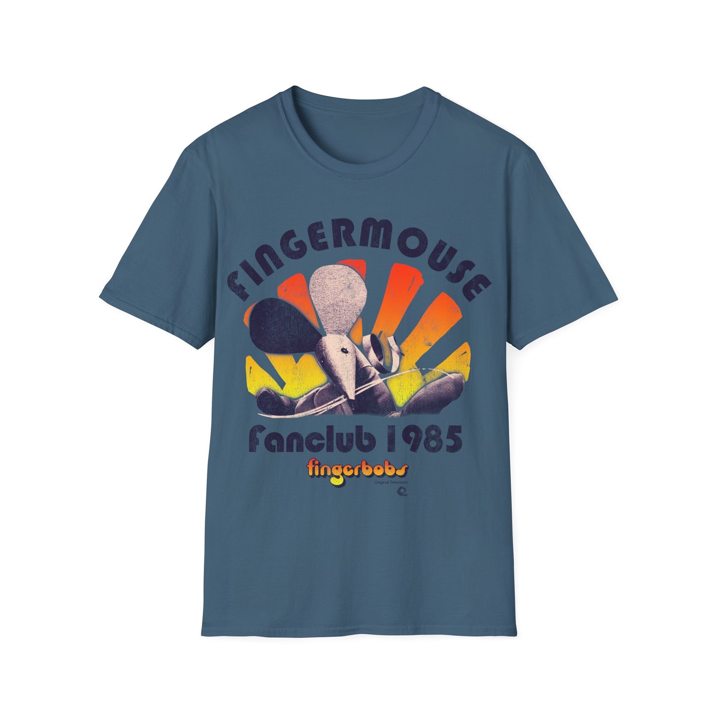 Indigo Blue t-shirt with 'Fingermouse Fanclub 1985' graphic design on a white background