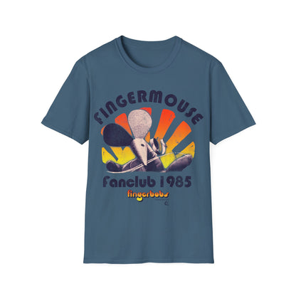 Indigo Blue t-shirt with 'Fingermouse Fanclub 1985' graphic design on a white background