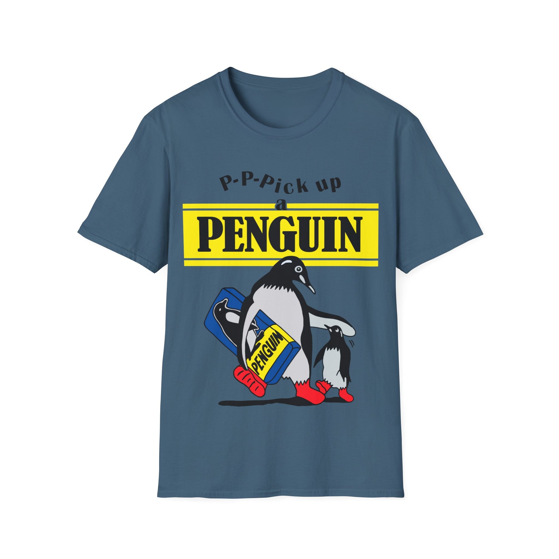 Blue t-shirt with penguin graphic and text on a white background