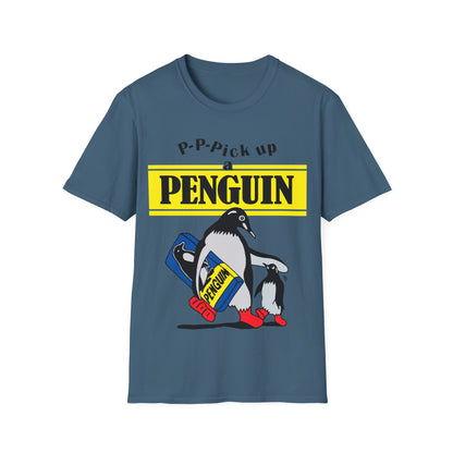 Blue t-shirt with penguin graphic and text on a white background