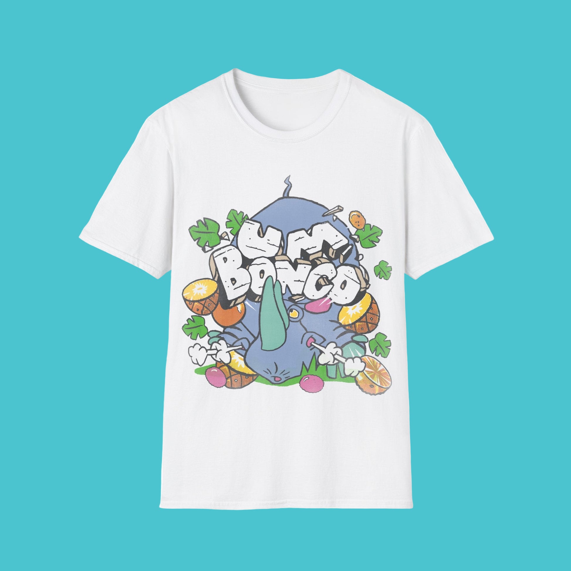 White short sleeve official Um Bongo Rhino T-shirt 80s tropical juice drink with cartoon rhino and Um bongo logo
