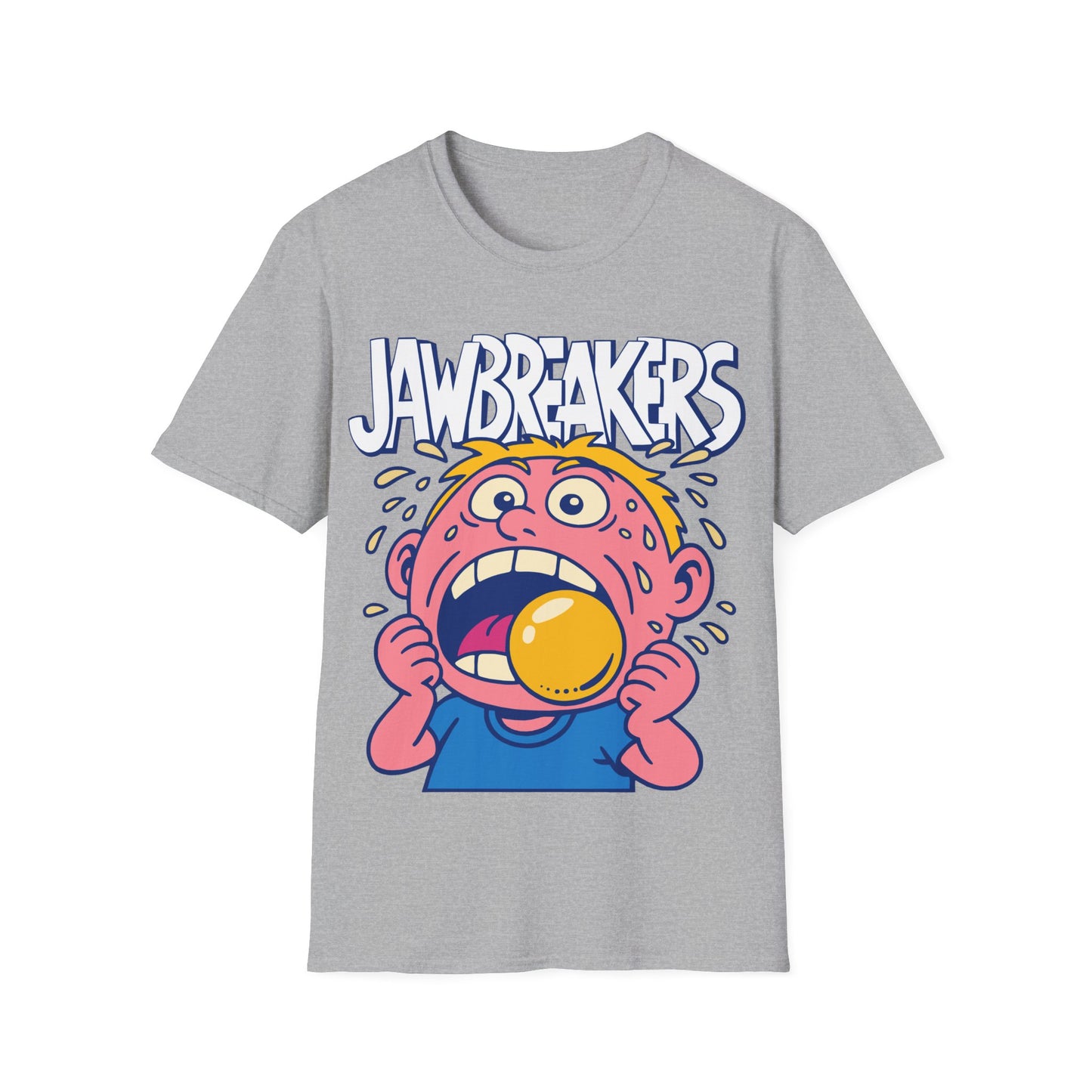 Gray t-shirt with cartoon character and 'Jawbreakers' text on a white background