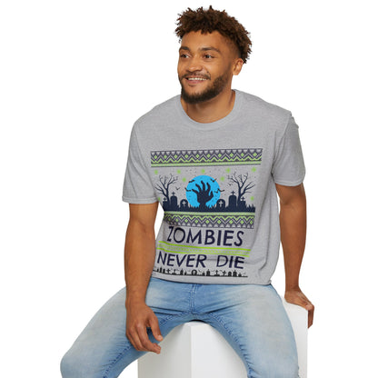 Man wearing a grey t-shirt with a green and blue graphic design featuring a zombie theme and text 'Zombies Never Die' on a white background.