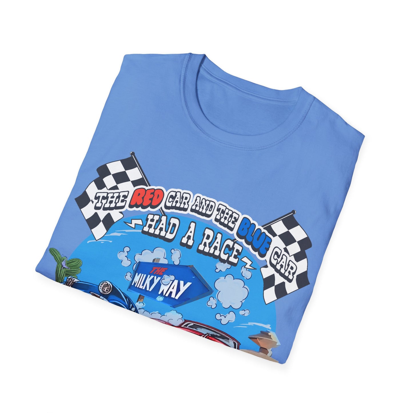 Folded blue t-shirt with racing graphic and text on a white background