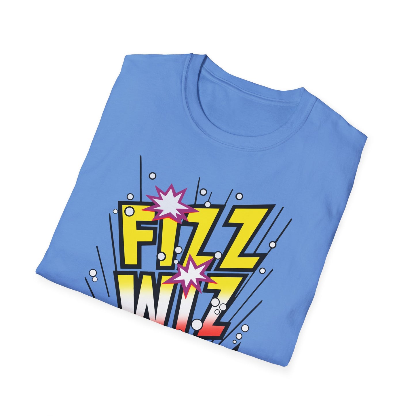 Folded blue t-shirt with 'Fizz Wiz' graphic design on a white background