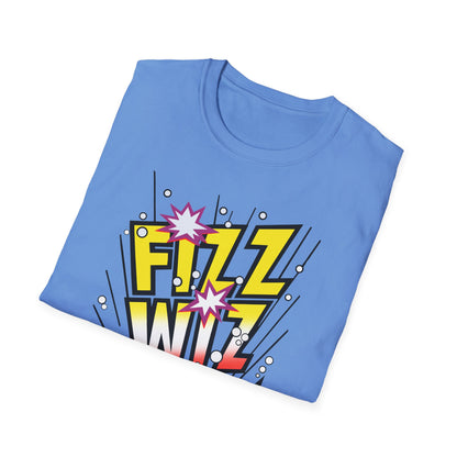 Folded blue t-shirt with 'Fizz Wiz' graphic design on a white background