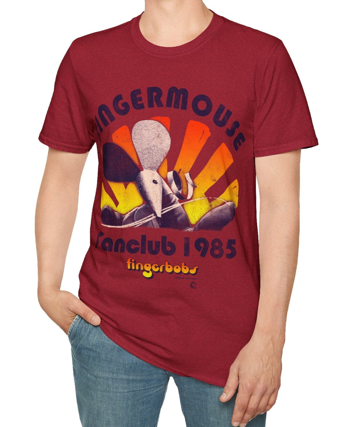 Red t-shirt with 'Fingermouse Fanclub 1985' graphic design on a white background