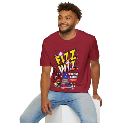 Person wearing a red t-shirt with Fizz Wiz Popping candy colourful graphic design on a white background