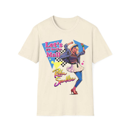 Natural t-shirt with a colourful Robin Sparkles Lets Go To The Mall 80s style design, inspired by How I Met Your Mother TV Series