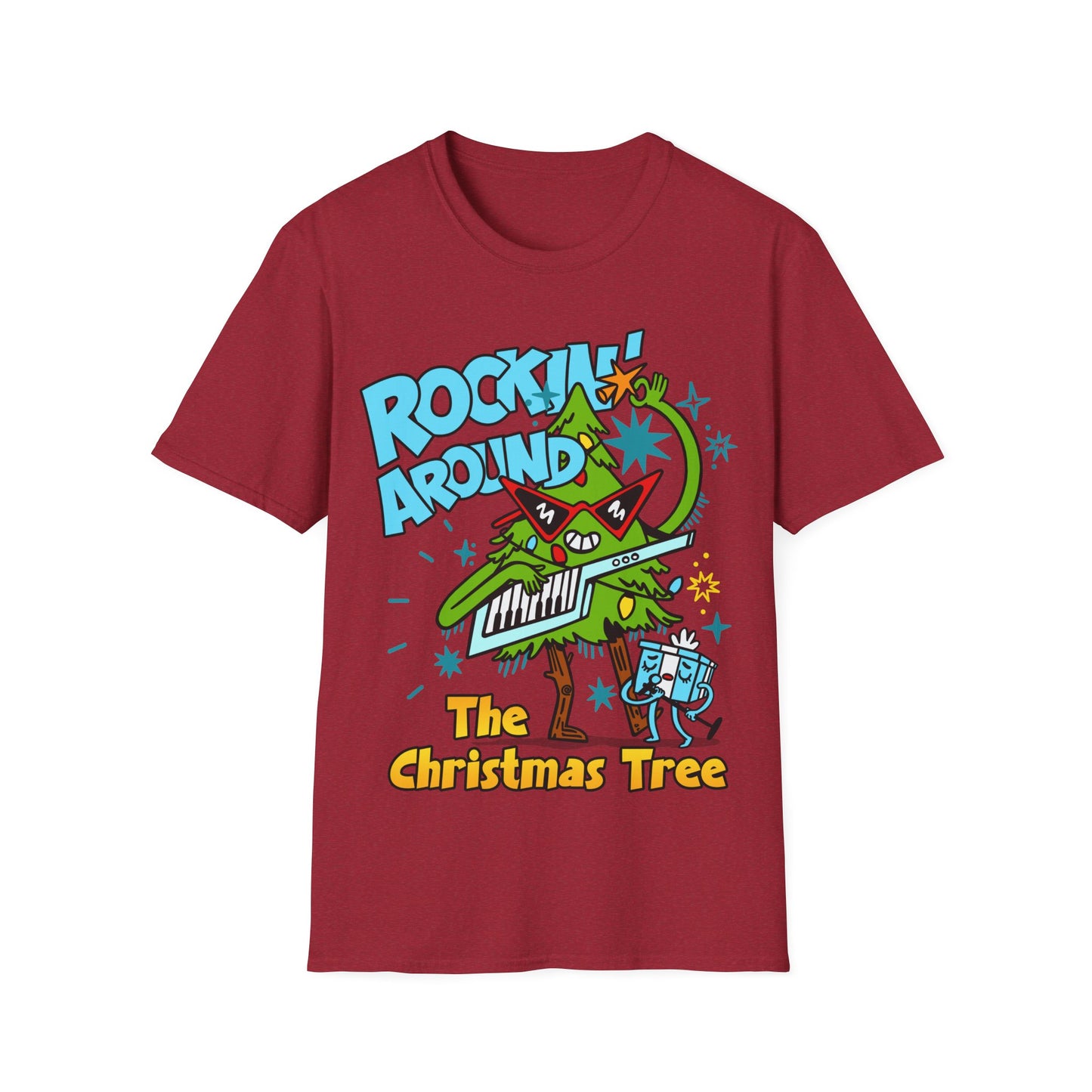 Retro Music Inspired red t-shirt with a colourful graphic of a Christmas tree and text Rockin Around The Christmas Tree 
