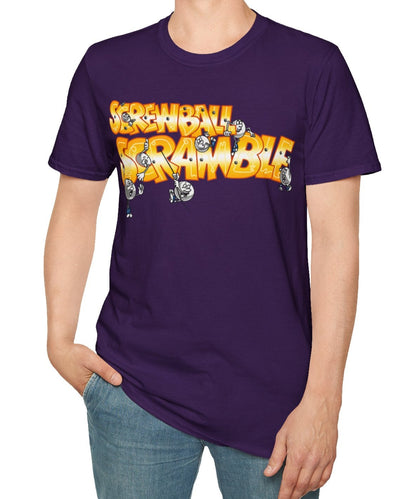 Man wearing a purple t-shirt with 'Screwball Scramble' graphic design  and graphics on a white background