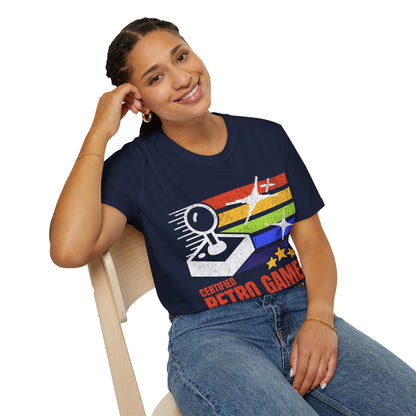 Person wearing a navy blue t-shirt with colorful graphics and text, sitting on a white background