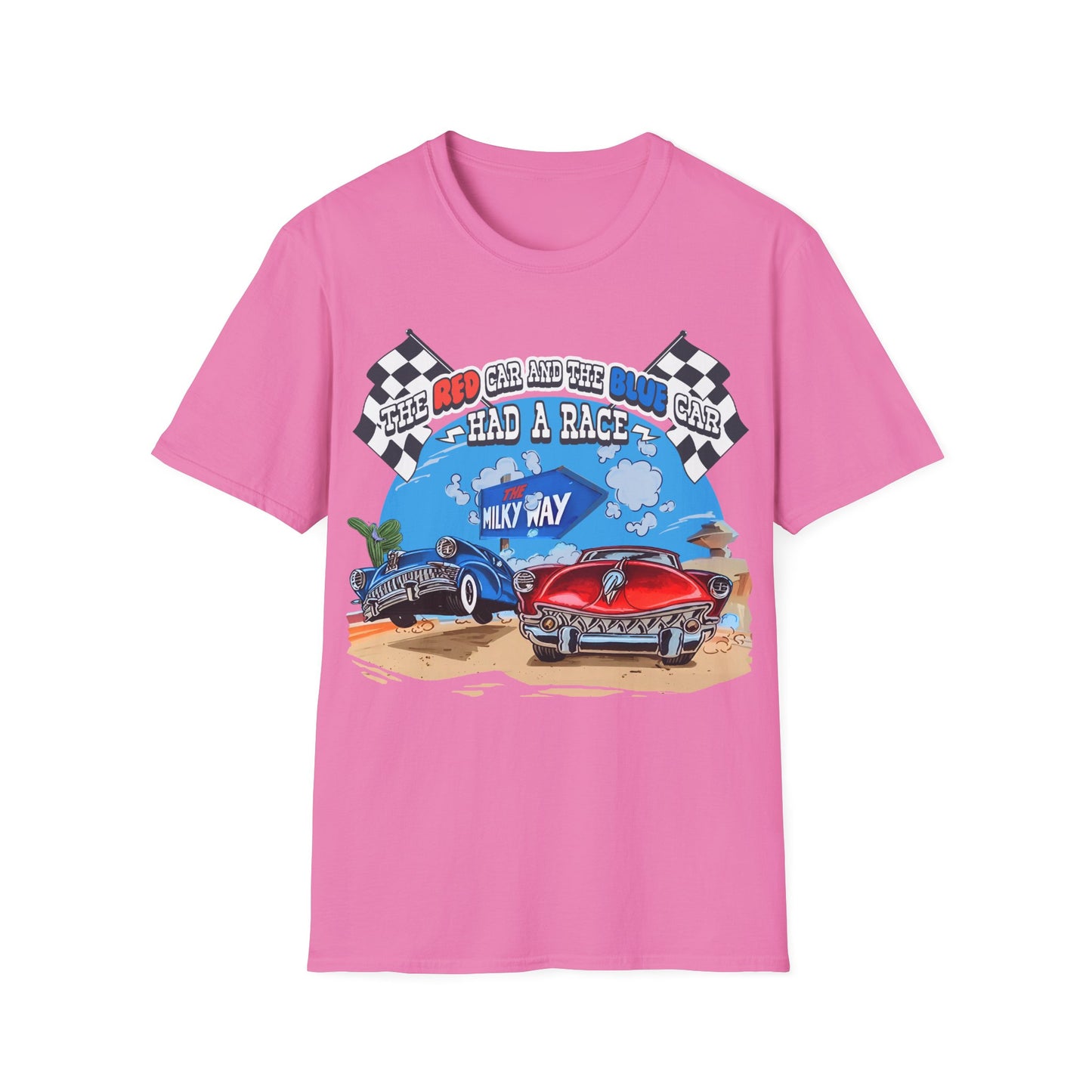 Pink t-shirt with a graphic of two cars racing with text The Red Car And The Blue Car Had A Race from an 80s TV advert