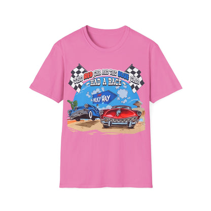 Pink t-shirt with a graphic of two cars racing with text The Red Car And The Blue Car Had A Race from an 80s TV advert