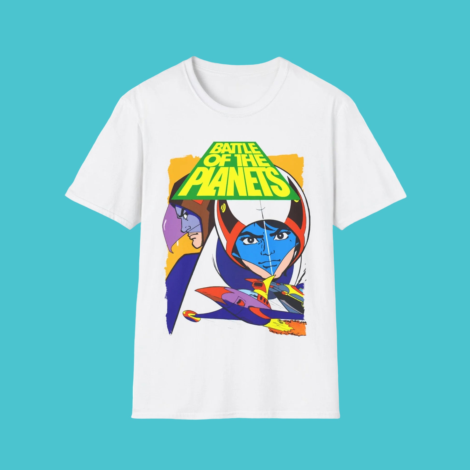 White t-shirt with 'Battle of the Planets' graphic design 