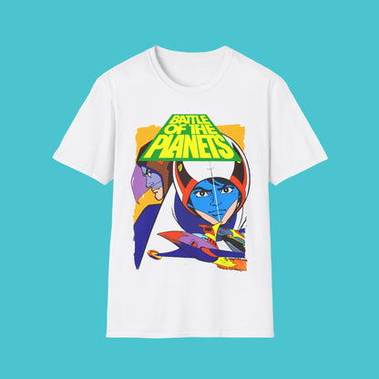 White t-shirt with 'Battle of the Planets' graphic design 